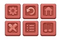 Set menu ui buttons on stone block in comic cartoon style, game design element, interface object isolated on white Royalty Free Stock Photo