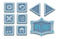 Set menu ui buttons on stone block in comic cartoon style, game design element, interface object isolated on white Royalty Free Stock Photo