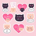 Set of meow stickers with different cats speaking funny phrases. Cute cat stickers for fun Royalty Free Stock Photo