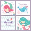 Set of mermaid and marine life greeting cards design Royalty Free Stock Photo