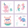 Set of mermaid and marine life greeting cards design Royalty Free Stock Photo