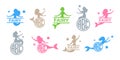 Set of mermaid with monogram. Kids name monogram. Funny mermaid in different poses. Mythical tale characters in water