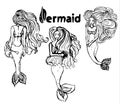 Set of mermaid sketches with black lines Royalty Free Stock Photo