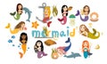 Set of mermaids with long hair. Mermaid get pearls, play with dolphins, swim, sit at anchor, play the harp and shell Royalty Free Stock Photo