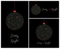 Set of 3 Merry and Bright Calligraphy Script Words with Winter Holiday Bauble, Swirls, Christmas Foliage, Black Banners Royalty Free Stock Photo