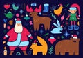 Set of Merry Christmas characters and elements. New Year holidays icons. Cute cartoon colorful illustration on dark. Vector Royalty Free Stock Photo