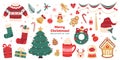 Set of Merry Christmas drawings, cozy and cute stickers, decoration set