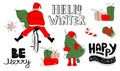 Set of Merry Christmas elements, quote lettering HELLO WINTER, BE MERRY, HAPPY HOLIDAYS, cute Santa Claus, Santa on Royalty Free Stock Photo