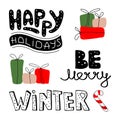 Set of Merry Christmas elements, quote lettering WINTER, BE MERRY, HAPPY HOLIDAYS, gifts and candy. The xmas vector Royalty Free Stock Photo