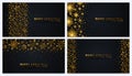 Set of Merry Christmas and Happy New Year banners. Dark background with gold snowflakes. Vector illustration. Royalty Free Stock Photo