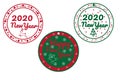 Set Of Merry Christmas And Happy New Year Circle Badges, Stamps Or Labels With Text Inscription. Collection Of Template