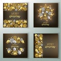 Set of Merry Christmas and Happy New Year decorative banners, shiny baubles glitter on snowflakes background, vector illustration Royalty Free Stock Photo