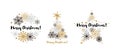 Set of Merry Christmas and Happy New Year design elements with beautiful golden snowflakes isolated on white background. Christmas Royalty Free Stock Photo