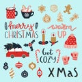 Set of Merry Christmas and Happy New Year elements. Cozy winter season.