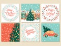 Set of Merry Christmas and Happy New Year  greeting cards, illustrations with Christmas tree, hand written lettering, winter town Royalty Free Stock Photo