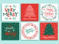 Set of Merry Christmas and Happy New Year greeting cards, illustrations with Christmas tree, hand written lettering Royalty Free Stock Photo