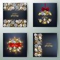 Set of Merry Christmas and Happy New Year postcard banners, shiny baubles, led lights and decorative elements, vector illustration Royalty Free Stock Photo