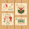 Set of Merry Christmas and Happy New Year 2023 retro postage stamp with Santa Claus, Christmas tree, snowman, forest and