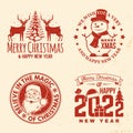 Set of Merry Christmas and Happy New Year stamp, sticker with elk, silhouette of Santa Claus face, snowman, sleigh with Royalty Free Stock Photo