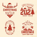 Set of Merry Christmas and Happy New Year stamp, sticker Set quotes with snowflakes, snowman, elk, sweet candy, angels Royalty Free Stock Photo