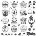 Set of Merry Christmas and 2021 Happy New Year stamp sticker Set quotes with snowflakes, snowman, santa claus, candy Royalty Free Stock Photo
