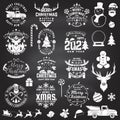 Set of Merry Christmas and 2021 Happy New Year stamp sticker Set quotes with snowflakes, snowman, santa claus, candy Royalty Free Stock Photo