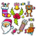 Set of Merry Christmas and Happy New Year stickers or magnets. Festive souvenirs. Hipster style Royalty Free Stock Photo