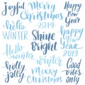 Set Merry Christmas and Happy New Year 2019 Vector hand drawn lettering phrases. Royalty Free Stock Photo
