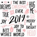 Set Merry Christmas and Happy New Year 2019 Vector hand drawn lettering phrases Royalty Free Stock Photo