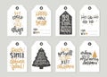 Set with Merry Christmas and Happy New Year vintage gift tags and cards with calligraphy. Handwritten lettering. Hand Royalty Free Stock Photo