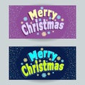 Set Merry Christmas horizontal banners in cartoon style on lilac and on dark blue Royalty Free Stock Photo