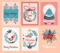 Set of merry Christmas and New Year 2022 Cards with a Pine Wreath, Mistletoe, an Illustration of Design of Winter plants