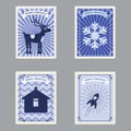 Set Merry Christmas retro postage stamps with rocket, deer and snowflakes. Vector illustration isolated Royalty Free Stock Photo