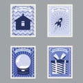 Set Merry Christmas retro postage stamps with rocket, gifts, hut and snowglobe. Vector illustration isolated Royalty Free Stock Photo