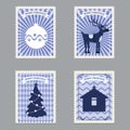 Set Merry Christmas retro postage stamps with Christmas tree, gifts, deer. Vector illustration isolated Royalty Free Stock Photo