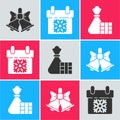 Set Merry Christmas ringing bell, Calendar and Gift box and bag icon. Vector Royalty Free Stock Photo