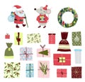 Set of Merry Christmas symbols and characters: Santa Claus, presents, mouse and gift boxes. Cartoon illustration