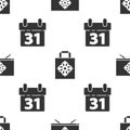 Set Merry Christmas on television, Christmas paper shopping bag and Calendar on seamless pattern