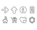 Message, Next and Shopping cart icons. Hearts, Upload and Security signs. Phone messenger, Forward, Gift box.