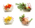 Set of metal baskets with New Year and Christmas gifts, twigs, g Royalty Free Stock Photo
