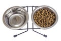 Set of metal bowls of water and dry pet food. Royalty Free Stock Photo