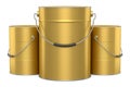 Set of metal can or buckets of paint in row pattern on white background.