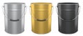 Set of metal cans or buckets of paint with handle on white background.