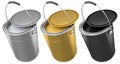 Set of metal cans or buckets of paint with handle on white background.