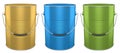 Set of metal cans or buckets of paint with handle on white background.