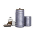 Set of metal cans with lids, and a glass jar, each filled with different spices, 3D rendered