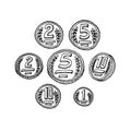 Set of metal coins, money, symbol of wealth, numismatic hobby, black ink lines