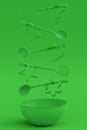 Set of metal cookie cutters for homemade Christmas biscuit on green monochrome Royalty Free Stock Photo