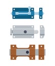 Set of metal door bolts and latches. Steel safety hardware. Vector illustration