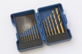 Drill bits set of metal in blue box Royalty Free Stock Photo